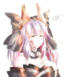 Rule 34 | 10s, 1girl, animal ears, bad id, bad pixiv id, bare shoulders, breasts, cleavage, dark persona, detached collar, detached sleeves, fate/extra, fate (series), fox ears, hair ribbon, japanese clothes, kimono, large breasts, pink hair, ribbon, smile, solo, tamamo (fate), tamamo no mae (fate/extra), tthal, upper body, veins, yellow eyes