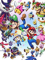 6+boys black_eyes blonde_hair bowser bowser_jr. brothers brown_hair buddy_(mario) connie_(mario) connie_(mario) dorrie dress dulles_(mario) ecks_(mario) electric_plug ellow_(mario) everyone facial_hair gloves gorumbla green_hat green_shirt guardarm hat helmet_zok_trooper highres ireen_(mario) jewelry kamek koopa_clown_car long_hair loog_(mario) luigi mario mario_&amp;_luigi:_brothership mario_&amp;_luigi_rpg mario_(series) multiple_boys multiple_girls mustache nintendo no_fingers official_alternate_eye_color official_style open_mouth overalls princess_peach red_hat red_shirt seedle_(mario) shirt shun_(mario) siblings smile snaptor snoutlet_(mario) snoutlet_(mario) socks spike_zok_trooper spikely spikes star_(symbol) starlow ten_(mario) two-tone_socks white_gloves ya_mari_6363 zokket