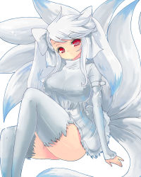 Rule 34 | 1990s (style), 1girl, alternate color, breasts, creatures (company), female focus, fox, game freak, gen 1 pokemon, hair ornament, hair ribbon, head tilt, highres, huge breasts, impossible clothes, impossible shirt, lap, long hair, multiple tails, ninetales, nintendo, personification, pokemon, pokemon rgby, red eyes, retro artstyle, ribbon, shiny pokemon, shirt, silver hair, simple background, sitting, skirt, solo, tail, taut clothes, taut shirt, tenkyuu09, thighhighs, thighs, twintails, white background