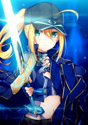 Rule 34 | 10s, 1girl, artoria pendragon (fate), baseball cap, black hat, black shorts, blue eyes, blue jacket, blue shirt, closed mouth, commentary request, fate/extella, fate/extra, fate/grand order, fate (series), fingerless gloves, gloves, glowing, glowing sword, glowing weapon, hair between eyes, hair through headwear, hat, highres, holding, holding sword, holding weapon, jacket, jacket on shoulders, long hair, long sleeves, mysterious heroine x (fate), mysterious heroine x (third ascension) (fate), navel, ponytail, rojiura satsuki: chapter heroine sanctuary, shirt, shorts, sidelocks, solo, sword, taiyaki (astre), track jacket, weapon