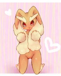 Rule 34 | 1girl, animal ears, ayahana, black sclera, blush, colored sclera, creatures (company), female focus, full body, furry, furry female, game freak, gen 4 pokemon, hands up, heart, highres, kneeling, looking at viewer, lopunny, nintendo, pink background, pokemon, pokemon (creature), pokemon dppt, rabbit ears, red eyes, simple background, solo