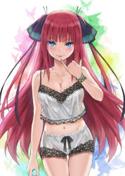 Rule 34 | 1girl, :p, blue eyes, blunt bangs, blush, bracelet, breasts, butterfly hair ornament, cleavage, collarbone, finger to mouth, go-toubun no hanayome, hair ornament, hair ribbon, highres, jewelry, large breasts, lingerie, long hair, looking at viewer, midriff, nail polish, nakano nino, navel, pinky to mouth, red hair, revision, ribbon, simple background, solo, standing, thigh gap, tonee, tongue, tongue out, underwear, very long hair