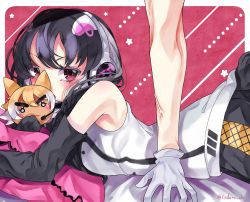 Rule 34 | 1girl, african penguin (kemono friends), animal ears, bed, black eyes, black hair, coyote (kemono friends), gloves, highres, kedama (ughugjydthjdf), kemono friends, kemono friends v project, long hair, looking at viewer, microphone, multicolored hair, romeo to cinderella (vocaloid), shirt, skirt, solo, tail, virtual youtuber, vocaloid