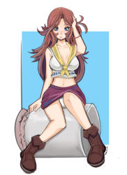 Rule 34 | 1girl, aged up, blue eyes, boots, breasts, brown hair, cleavage, highres, legs, long hair, malon, navel, nintendo, panties, pantyshot, sho-n-d, simple background, skirt, solo, the legend of zelda, the legend of zelda: ocarina of time, thighs, underwear, upskirt