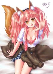 Rule 34 | 1girl, :d, animal ear fluff, animal ears, blush, breasts, brown jacket, cleavage, clothes around waist, collarbone, commentary, english commentary, eyelashes, fate/extella, fate/extra, fate (series), fox ears, fox girl, fox tail, heart, heart print, highres, jacket, jacket around waist, jihadangel, large breasts, long hair, looking at viewer, miniskirt, necktie, official alternate costume, open clothes, open mouth, open shirt, outstretched arm, outstretched hand, partially unbuttoned, pink hair, pink necktie, plaid, plaid skirt, reaching, reaching towards viewer, shirt, short sleeves, sidelocks, signature, sitting, skirt, smile, solo, tail, tamamo (fate), tamamo no mae (fate/extra), tamamo no mae (jk) (fate), tongue, twintails, unbuttoned, unbuttoned shirt, white background, white shirt, yellow eyes