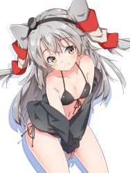 Rule 34 | 1girl, absurdres, alternate costume, amatsukaze (kancolle), bikini, black bikini, blush, breasts, brown eyes, dress, front-tie bikini top, front-tie top, grey hair, hair between eyes, hair ornament, hair tubes, hairclip, halkawa501, hat, highres, kantai collection, long hair, mini hat, sailor dress, shadow, side-tie bikini bottom, simple background, small breasts, solo, swimsuit, twintails, twitter username, two side up, white background