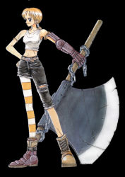 Rule 34 | 1girl, axe, battle axe, black background, boots, chain, concept art, cyborg, female focus, full body, hand on own hip, hip focus, huge weapon, midriff, nami (one piece), oda eiichirou, official art, one piece, orange hair, pantyhose, scar, simple background, solo, standing, striped clothes, striped pantyhose, tank top, twintails, weapon