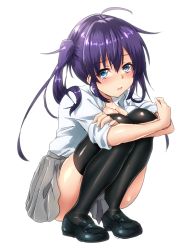 Rule 34 | 1girl, ahoge, black footwear, blue eyes, breast press, breasts, cleavage, closed mouth, crossed arms, crying, crying with eyes open, expressionless, full body, grey skirt, head tilt, keita (tundereyuina), knees up, lips, loafers, long hair, long sleeves, looking at viewer, original, pleated skirt, purple hair, shiny skin, shirt, shoes, side ponytail, skirt, sleeves past elbows, sleeves pushed up, solo, squatting, teardrop, tears, thighhighs, white shirt, zettai ryouiki