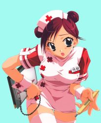 Rule 34 | 1girl, clipboard, digital thermometer, double bun, female focus, hair bun, hand on own hip, hat, name tag, nurse, nurse cap, open mouth, panties, pink thighhighs, red hair, short hair, simple background, solo, thermometer, thighhighs, underwear, zettai ryouiki