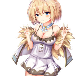 Rule 34 | 1girl, alternate breast size, bare shoulders, blanc (neptunia), blonde hair, blue eyes, blush, breasts, cleavage, coat, collarbone, double v, dress, fur-trimmed coat, fur trim, highres, looking at viewer, medium breasts, neptune (series), ray 726, shin jigen game neptune vii, short hair, simple background, smile, solo, spaghetti strap, v, white background, white dress
