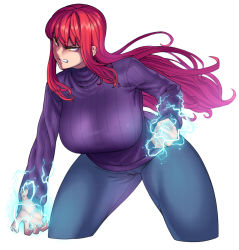 Rule 34 | 1girl, biriri (spacezin), breasts, clenched hand, creatures (company), cropped legs, curvy, denim, electricity, electrokinesis, game freak, gen 1 pokemon, glowing, highres, huge breasts, jeans, large breasts, leaning forward, long hair, nintendo, pants, personification, pokemon, powering up, purple sweater, red hair, ribbed sweater, solo, spacezin, sweater, teeth, thick thighs, thighs, tsurime, turtleneck, voltorb, yellow eyes