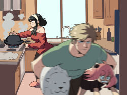 Rule 34 | 2girls, anya (spy x family), bare shoulders, black hair, blonde hair, bond (spy x family), carrying, carrying person, carrying under arm, child, cooking, dog, dress, great pyrenees, green eyes, hairband, hairpods, highres, kitchen, meme, multiple girls, out of character, pants, pink hair, shirt, slippers, spy x family, stove, tina fate, twilight (spy x family), window, wok, yoga pants, yor briar
