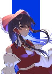 Rule 34 | 1girl, absurdres, armpit crease, backlighting, bare shoulders, blue background, bow, brown eyes, brown hair, commentary request, detached sleeves, eyebrows hidden by hair, floating hair, frilled bow, frilled hair tubes, frills, hair between eyes, hair bow, hair tubes, hakurei reimu, highres, hugasi 27, long hair, long sleeves, looking to the side, midriff, parted lips, red bow, red skirt, red vest, simple background, skirt, solo, sweat, swept bangs, touhou, upper body, very long hair, vest, white background, wide sleeves