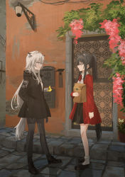 Rule 34 | 2girls, absurdres, animal ear fluff, animal ears, arknights, bag, black footwear, black hair, black jacket, black pants, black skirt, blue eyes, brown eyes, chihuri, closed mouth, collared shirt, door, dress shirt, eye contact, from side, grey hair, highres, jacket, lappland (arknights), loafers, long hair, long sleeves, looking at another, multiple girls, open clothes, open jacket, pants, paper bag, parted lips, pleated skirt, ponytail, profile, red jacket, shirt, shoes, skirt, smile, socks, tail, texas (arknights), very long hair, white legwear, white shirt