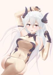 Rule 34 | 10s, 1girl, bare shoulders, black gloves, borrowed character, breasts, colo mag-chan, commentary request, detached sleeves, draph, eyebrows, gloves, granblue fantasy, hair between eyes, highres, horns, joji, leotard, long hair, long sleeves, lying, medium breasts, on back, original, parted lips, pink background, pointy ears, red eyes, silver hair, simple background, solo, thighhighs