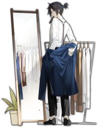 Rule 34 | 1boy, artist request, black footwear, black hair, black legwear, blue jacket, clothes rack, dressing room, eyewear in mouth, full-length mirror, game cg, glasses, grey eyes, highres, jacket, kisaragi ren (mahjong soul), looking at viewer, looking back, mahjong soul, mirror, mouth hold, official art, plant, potted plant, profile, shirt, simple background, solo, suspenders, third-party source, transparent background, undressing, white shirt, yostar