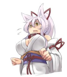 Rule 34 | 1girl, animal ears, bare shoulders, blush, breasts, cleavage, collar, detached sleeves, fang, flying sweatdrops, from below, hair between eyes, hair ribbon, japanese clothes, large breasts, long hair, long sleeves, miko, obi, original, parted lips, ponytail, red ribbon, ribbon, sakura inu, sash, silver hair, solo, upper body, wide sleeves, wolf ears, yellow eyes