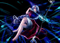 Rule 34 | 1girl, barefoot, blue eyes, bow (weapon), braid, breasts, dress, feet, female focus, hat, impossible clothes, impossible dress, large breasts, legs, crossed legs, long hair, qblade, sitting, solo, thighs, touhou, trigram, weapon, yagokoro eirin