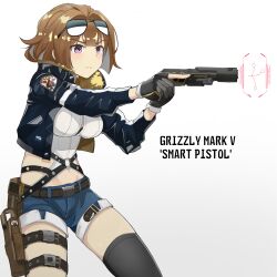 Rule 34 | 1girl, absurdres, aiming, belt, blush, breasts, brown hair, colored inner hair, commentary, commission, english commentary, eyewear on head, fur-trimmed jacket, fur trim, gamryous, girls&#039; frontline, gloves, grizzly mkv (girls&#039; frontline), gun, highres, holster, jacket, large breasts, multicolored hair, partially fingerless gloves, purple eyes, short hair, shorts, smart pistol, solo, sunglasses, thigh holster, titanfall (series), titanfall 2, trigger discipline, weapon, zipper