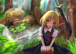 Rule 34 | 1girl, :d, blonde hair, blurry, depth of field, dress, forest, hair ribbon, highres, lens flare, nature, open mouth, red eyes, ribbon, river, rumia, runes, sandwich, shirt, short hair, short sleeves, sinkai, smile, sunlight, sword, touhou, tree, weapon