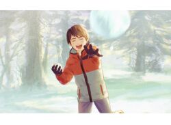 Rule 34 | 1boy, black gloves, border, child, coat, commentary, daniel diaz, denim, gloves, holding snowball, in the face, jeans, life is strange 2, male focus, mittens, open mouth, pants, playing, smile, snow, snowball, snowball fight, solo, symbol-only commentary, teeth, throwing, tree, upper teeth only, white border, winter, winter clothes, yone f15