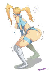 Rule 34 | 1girl, ass, ass shake, blonde hair, blue eyes, blush, boots, breasts, capcom, dancing, frills, hands on thighs, heart, highres, huge ass, knee boots, knee pads, large breasts, leotard, long hair, looking at viewer, mask, nipples, open mouth, purplevortex, rainbow mika, sideboob, solo, spoken heart, squatting, street fighter, street fighter zero (series), street fighter zero 3, sweat, twintails, wedgie, wrestling outfit