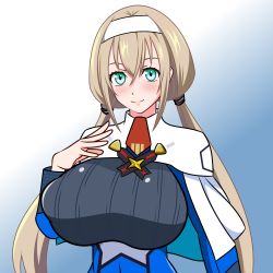Rule 34 | 1girl, blonde hair, blue dress, blush, breasts, capelet, dress, green eyes, hairband, hayakawakenn, highres, huge breasts, long hair, long sleeves, looking at viewer, low twintails, military, military uniform, mitsuba greyvalley, smile, solo, super robot wars, super robot wars 30, transparent background, twintails, uniform, white capelet, white hairband