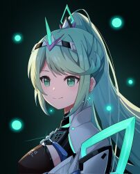 Rule 34 | 1girl, 5casiosi, breasts, closed mouth, commentary, earrings, glowing, green eyes, green hair, high ponytail, highres, jewelry, long hair, looking at viewer, looking to the side, medium breasts, pneuma (xenoblade), ponytail, smile, solo, upper body, xenoblade chronicles (series), xenoblade chronicles 2