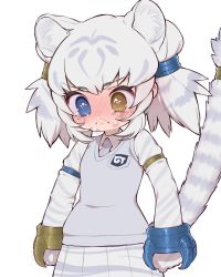 Rule 34 | 1girl, animal ears, animal print, arms at sides, blush, byakko (kemono friends), cat girl, chibi, closed mouth, commentary request, crying, crying with eyes open, highres, japari symbol, kemono friends, kemono friends 3, long sleeves, medium hair, multicolored hair, necktie, nose blush, notora, pleated skirt, shirt, simple background, skirt, snot, solo, striped tail, sweater vest, tail, tail ornament, tail raised, tears, tiger ears, tiger girl, tiger print, tiger tail, two-tone hair, two side up, white background, white tiger print