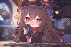 Rule 34 | 1girl, arm on table, black headwear, blush, brown coat, brown hair, brown ribbon, card, chibi, closed mouth, coat, commentary, english commentary, eyelashes, fantasy, flower, genshin impact, hat, hat branch, hat flower, hat tassel, holding, holding card, hu tao (genshin impact), indoors, long hair, long sleeves, looking at object, petals, plum blossoms, porkpie hat, red eyes, red shirt, ribbon, shirt, sleeve ribbon, star (symbol), star in eye, sunlight, symbol in eye, table, tearing up, upper body, wavy mouth, window, yellow flower, yukomeow
