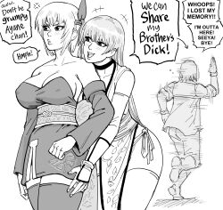 Rule 34 | +++, 1boy, 1koma, 2girls, absurdres, anger vein, arrow (symbol), ayane (doa), back bow, bare shoulders, bb (baalbuddy), behind another, blush, boots, bow, breasts, brother and sister, choker, cleavage, collarbone, comic, commentary, covered erect nipples, dead or alive, detached sleeves, dress, english commentary, english text, fleeing, greyscale, hayate (doa), headband, highres, humor, incest, kasumi (doa), large breasts, lips, long hair, looking at another, monochrome, motion lines, multiple girls, open mouth, pants, pout, running, short hair, siblings, sisters, smile, strapless, strapless dress, thighhighs, traditional media, zettai ryouiki
