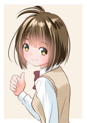 Rule 34 | 1girl, bow, bowtie, collared shirt, from behind, light brown background, light brown hair, looking at viewer, looking back, original, red bow, school uniform, shirt, short hair, smile, thumbs up, upper body, white shirt, yamanaka kouji (yanchiki2001)