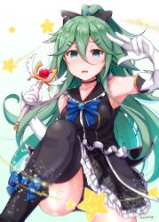 Rule 34 | 1girl, absurdres, alternate costume, artist name, baileys (tranquillity650), black ribbon, black thighhighs, blue eyes, blush, collarbone, elbow gloves, gloves, green hair, hair between eyes, hair ribbon, highres, holding, holding wand, kantai collection, long hair, magical girl, open mouth, ponytail, ribbon, signature, solo, star (symbol), thighhighs, twitter username, wand, white gloves, yamakaze (kancolle)