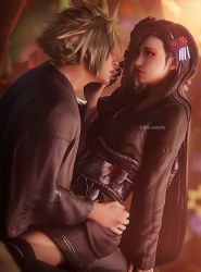 Rule 34 | 1boy, 1girl, 3d, black hair, blonde hair, couple, final fantasy, final fantasy vii, final fantasy vii remake, food, hair ornament, hand on another&#039;s face, hand on another&#039;s head, highres, japanese clothes, kimono, long hair, long sleeves, looking at another, official alternate costume, pocky, pocky day, red eyes, ria-neearts, sitting, sitting on lap, sitting on person, spiked hair, square enix, thighhighs, tifa lockhart, tifa lockhart (exotic dress), twitter username, wall market