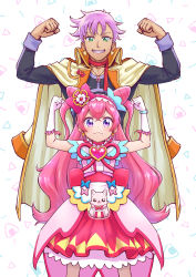 Rule 34 | 1boy, 1girl, absurdres, apron, black shirt, blush, bow, bow hairband, cape, closed mouth, cure precious, delicious party precure, double bun, earrings, elbow gloves, frown, gloves, green eyes, grin, hair between eyes, hair bow, hair bun, hairband, highres, itou shin&#039;ichi, jewelry, layered skirt, long hair, long sleeves, looking at viewer, pink hair, precure, purple eyes, red bow, red hairband, red skirt, rosemary (precure), shirt, short hair, skirt, smile, very long hair, waist apron, waist cape, white apron, white gloves, yellow apron, yellow cape