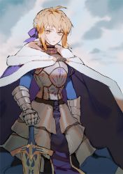Rule 34 | 1girl, ahoge, armor, armored dress, artoria pendragon (fate), blonde hair, blue cape, blue dress, braid, breastplate, cape, closed mouth, cloud, cloudy sky, collared dress, commentary request, dress, excalibur (fate/stay night), fate/grand order, fate (series), fur-trimmed cape, fur trim, gauntlets, green eyes, hair ribbon, holding, holding sword, holding weapon, lips, long dress, long sleeves, looking at viewer, medium hair, ribbon, saber (fate), sheath, sheathed, sidelocks, sky, solo, standing, sword, weapon, yueko (jiayue wu)