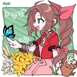 Rule 34 | 1girl, aerith gainsborough, basket, blue butterfly, bow, bracelet, brown hair, buckle, bug, butterfly, butterfly on hand, dress, final fantasy, final fantasy vii, flower, green background, green eyes, hair ribbon, insect, jacket, jewelry, long hair, metal bracelet, necklace, open mouth, patterned background, pink bow, pink dress, pink ribbon, pointing, red jacket, ribbon, short sleeves, smile, striped, striped background, ttnoooo, white flower, wicker basket, yellow flower