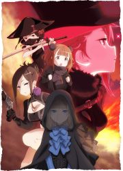 Rule 34 | 10s, 5girls, ange (princess principal), beatrice (princess principal), belt, black hat, black scarf, blue bow, blue bowtie, blue eyes, blunt bangs, bow, bowtie, breasts, brown eyes, brown hair, cleavage, cleavage cutout, clothing cutout, covered mouth, dorothy (princess principal), double bun, gun, hair between eyes, hair bun, hat, highres, holding, holding gun, holding sword, holding weapon, jingasa, katana, large breasts, looking at viewer, multiple girls, official art, open mouth, parted lips, princess (princess principal), princess principal, red eyes, red hair, scarf, sidelocks, smile, sword, top hat, toudou chise, weapon