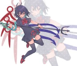 Rule 34 | 1girl, :q, akagashi hagane, asymmetrical wings, black dress, black hair, black thighhighs, blue wings, blush, bow, bowtie, dress, full body, hair between eyes, holding, holding weapon, houjuu nue, polearm, red bow, red bowtie, red eyes, red footwear, red wings, shoes, short hair, short sleeves, simple background, smile, snake, solo, thighhighs, thighs, tongue, tongue out, touhou, trident, weapon, white background, wings, wristband, zettai ryouiki, zoom layer