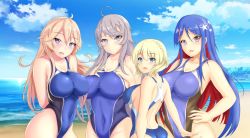 Rule 34 | 4girls, ahoge, aqua eyes, arms behind back, beach, blonde hair, blue eyes, blue hair, blue sky, blue one-piece swimsuit, blush, breasts, cleavage, closed mouth, cloud, collarbone, colorado (kancolle), commentary request, competition swimsuit, day, grey hair, hair between eyes, hand on own hip, hands on own chest, highleg, highleg swimsuit, highres, iowa (kancolle), kantai collection, large breasts, long hair, looking at viewer, montemasa, multicolored hair, multiple girls, ocean, one-piece swimsuit, open mouth, outdoors, purple eyes, short hair, sky, smile, south dakota (kancolle), star-shaped pupils, star (symbol), swimsuit, symbol-shaped pupils, tagme, washington (kancolle), water