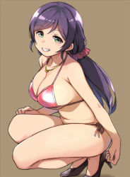 Rule 34 | 1girl, bikini, black footwear, breasts, brown background, clenched teeth, duke (inu daimyou), hair ornament, hair scrunchie, halterneck, jewelry, large breasts, long hair, looking at viewer, love live!, love live! school idol project, low twintails, necklace, purple eyes, purple hair, red bikini, red scrunchie, scrunchie, shoes, side-tie bikini bottom, simple background, smile, solo, squatting, string bikini, swimsuit, teeth, tojo nozomi, twintails