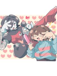 Rule 34 | asechiruk, black hair, blue sweater, brown hair, brown shorts, colored skin, frisk (undertale), heart, highres, holding glowstick, mechanical arms, mettaton, mettaton ex, microphone, music, open mouth, outside border, pink footwear, robot, shorts, singing, sweater, undertale, white skin