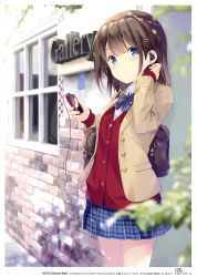 Rule 34 | 1girl, absurdres, bag, blue bow, blue bowtie, blue eyes, blue skirt, bow, bowtie, brown hair, cowboy shot, digital media player, earphones, grey blazer, hand in own hair, highres, holding, ipod, looking at viewer, miniskirt, ohara tometa, original, page number, parted lips, pleated skirt, red sweater, school bag, school uniform, shirt, short hair, skirt, solo, standing, striped bow, striped bowtie, striped clothes, striped neckwear, sweater, uniform, white shirt