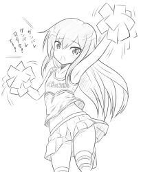 Rule 34 | 1girl, alternate costume, arm up, armpits, asashio (kancolle), bare shoulders, character name, cheerleader, greyscale, highres, kantai collection, long hair, looking at viewer, monochrome, navel, open mouth, pom pom (cheerleading), skirt, solo, tamayan, thighhighs, translation request