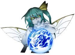 Rule 34 | 1girl, bad id, bad pixiv id, bow, cloud, daiyousei, earth (planet), female focus, green hair, hair bow, hair ornament, insect wings, long hair, mazeran, multicolored eyes, orb, planet, solo, touhou, transparent background, wings