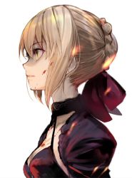 Rule 34 | 1girl, artoria pendragon (fate), blonde hair, blood, blood on face, blood on clothes, braid, breasts, choker, cleavage, dark persona, fate/grand order, fate/stay night, fate (series), french braid, hair ribbon, pale skin, profile, red ribbon, ribbon, saber (fate), saber alter, shirabi, short hair, simple background, small breasts, solo, upper body, white background, yellow eyes