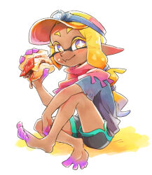 1girl alternate_costume alternate_hairstyle asymmetrical_hair barefoot black_shorts blonde_hair blue_shirt blush bright_pupils burger closed_mouth colored_eyelashes commentary_request dark-skinned_female dark_skin dolphin_shorts eating food food_on_face frye_(splatoon) full_body gradient_hair hand_on_own_knee happy headlamp helmet highres holding holding_burger holding_food inkling ketchup long_hair long_pointy_ears mining_helmet multicolored_hair nintendo pointy_ears purple_eyes purple_hair red_scarf scarf shirt short_sleeves shorts sitting soles solo splatoon_(series) splatoon_3 star-shaped_pupils star_(symbol) symbol-shaped_pupils tentacle_hair two-tone_eyes two-tone_hair white_pupils yellow_eyes yellow_helmet ziro_(daydozen)