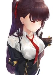Rule 34 | 1girl, 3:, asymmetrical bangs, black gloves, black pantyhose, black skirt, blouse, blush, breasts, closed mouth, collarbone, collared shirt, dress shirt, girls&#039; frontline, gloves, hair ribbon, kfr, large breasts, looking at viewer, necktie, one side up, pantyhose, pelvic curtain, purple hair, red eyes, red necktie, ribbon, see-through, shirt, simple background, skirt, solo, suspender skirt, suspenders, undressing, upper body, wa2000 (girls&#039; frontline), wet, wet clothes, wet shirt, white background, white shirt