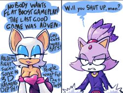 Rule 34 | 2girls, bat girl, blaze the cat, breasts, cat girl, cleavage, english text, furry, furry female, large breasts, multiple girls, plow (witch parfait), rouge the bat, sega, small breasts, sonic (series), sonic (series), white background