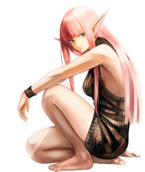 Rule 34 | 1girl, bare arms, bare legs, barefoot, black dress, blunt bangs, closed mouth, dress, from side, full body, green eyes, hooded dress, long hair, looking at viewer, original, pink hair, pointy ears, short dress, simple background, sitting, sleeveless, sleeveless dress, solo, sushi (sashimise), very long hair, white background